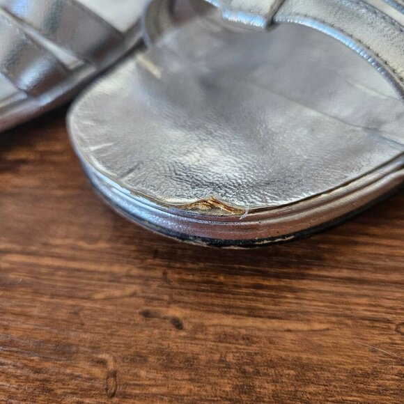 Vintage 70s Womens Silver Leather Strappy Sandals Heels Disco ABBA Size 6.5 - Picture 3 of 10